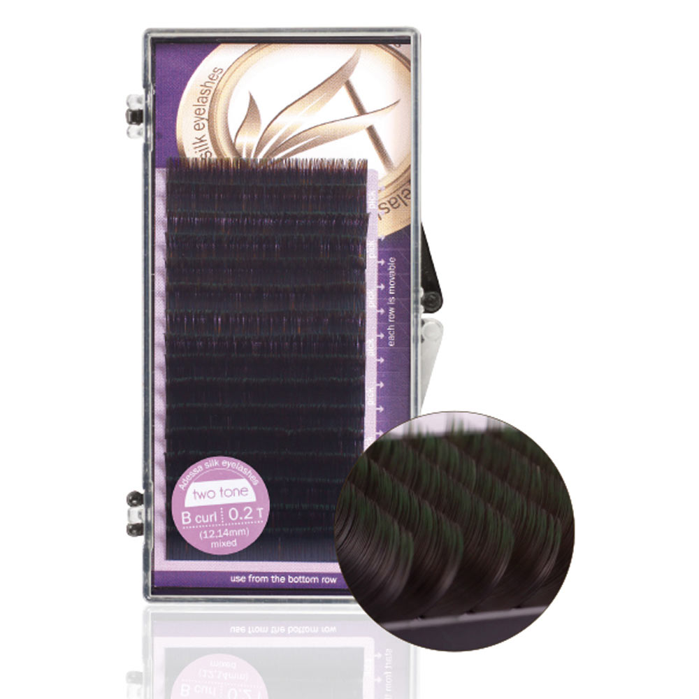 Adessa silk eyelashes two tone Tray mixed, black -  green, B curl, 0,2/12+14mm