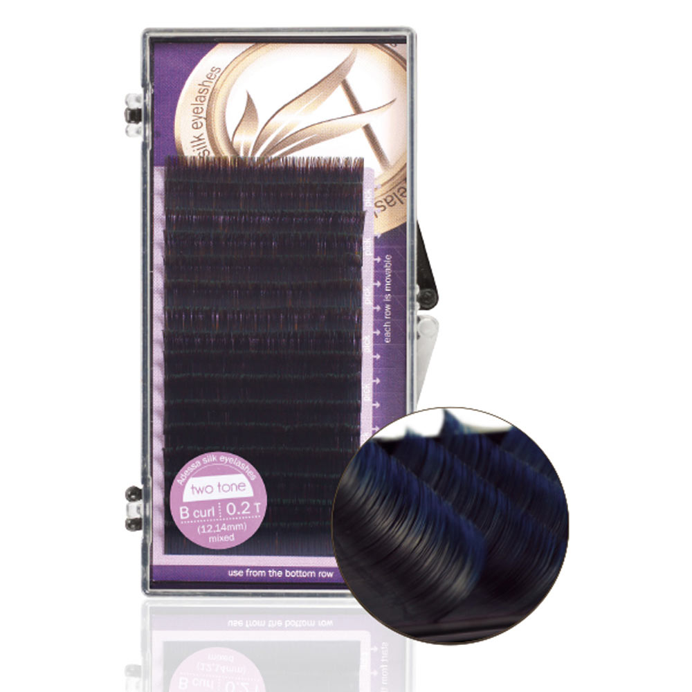 Adessa silk eyelashes two tone Tray mixed, black -  blue, B curl, 0,2/12+14mm